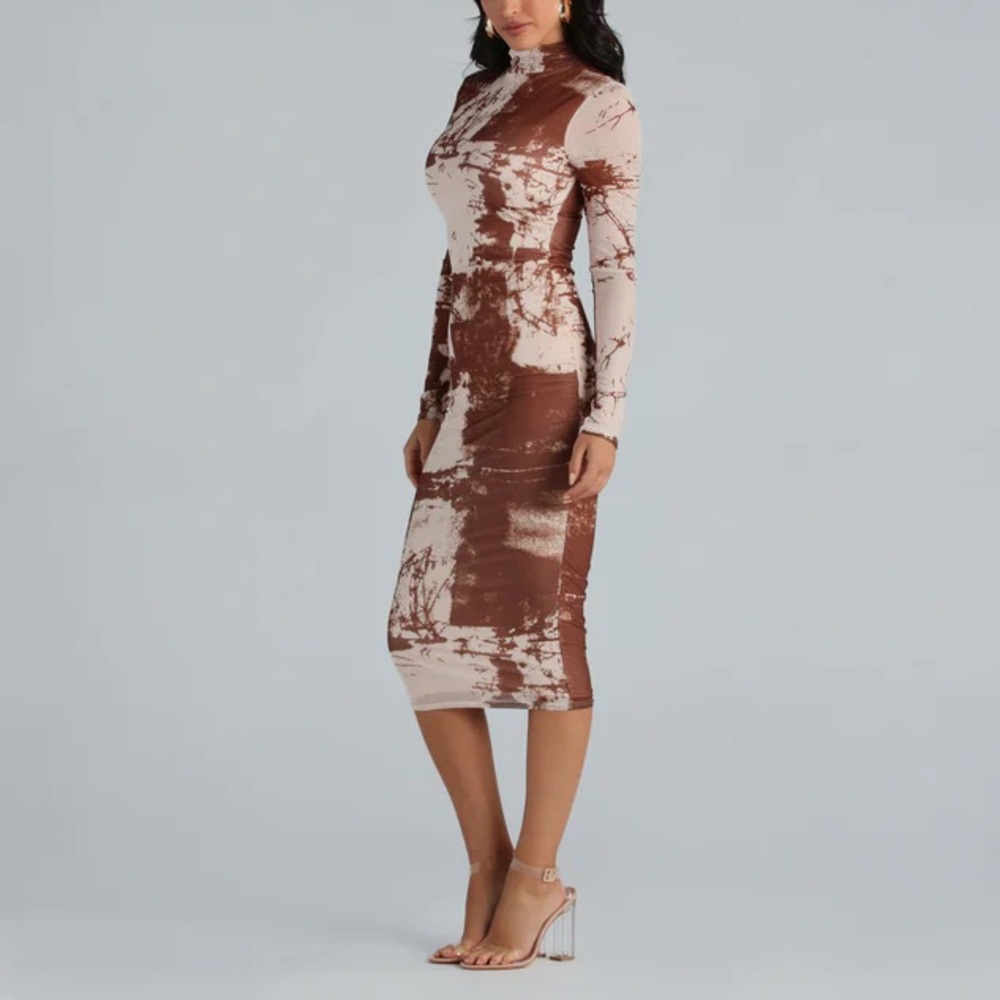 Windsor Abstract Moment Mesh Mock Neck Midi Dress